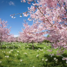 Prunus campanulata ‘Pink Cloud’ (Taiwan Cherry) blossoming in field.